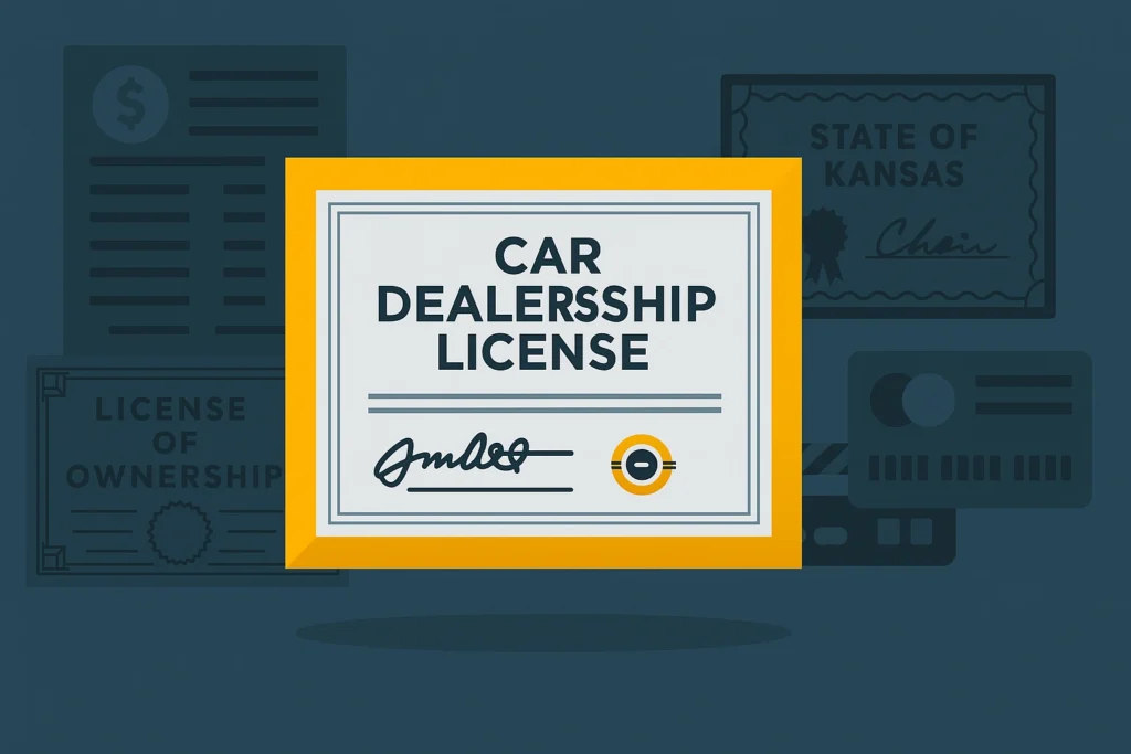 Illustration of a car dealership license certificate with background documents referencing the state of Kansas.