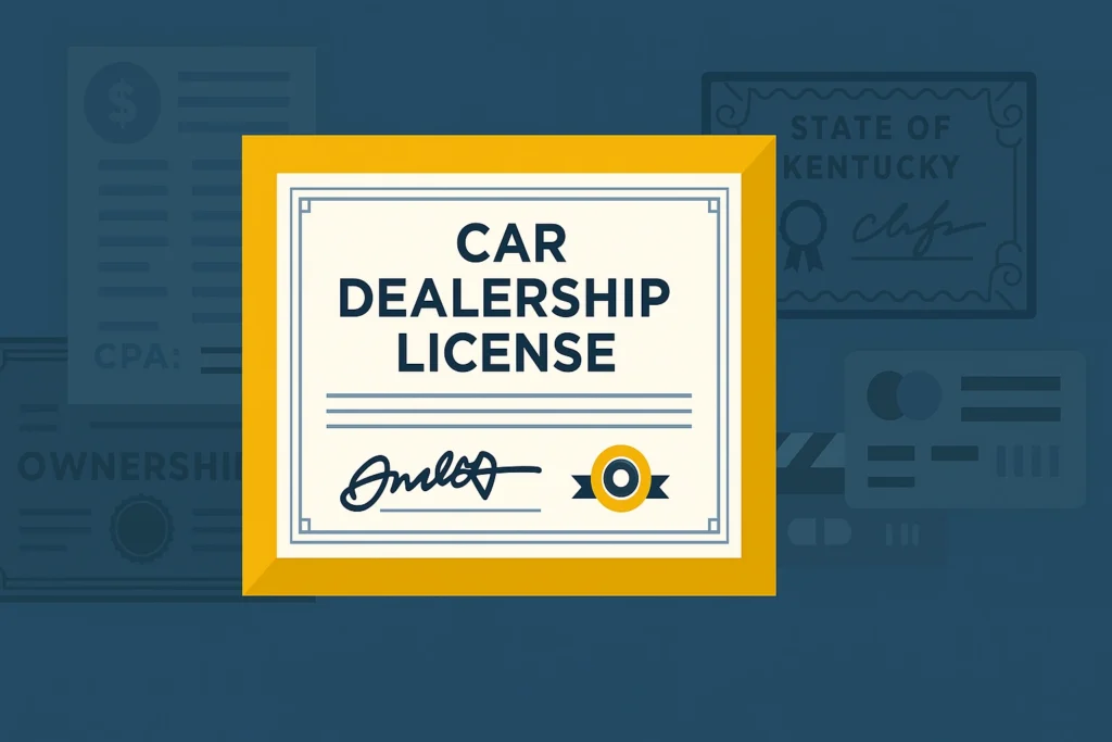 Illustration of a car dealership license certificate with background documents referencing the state of Kentucky.