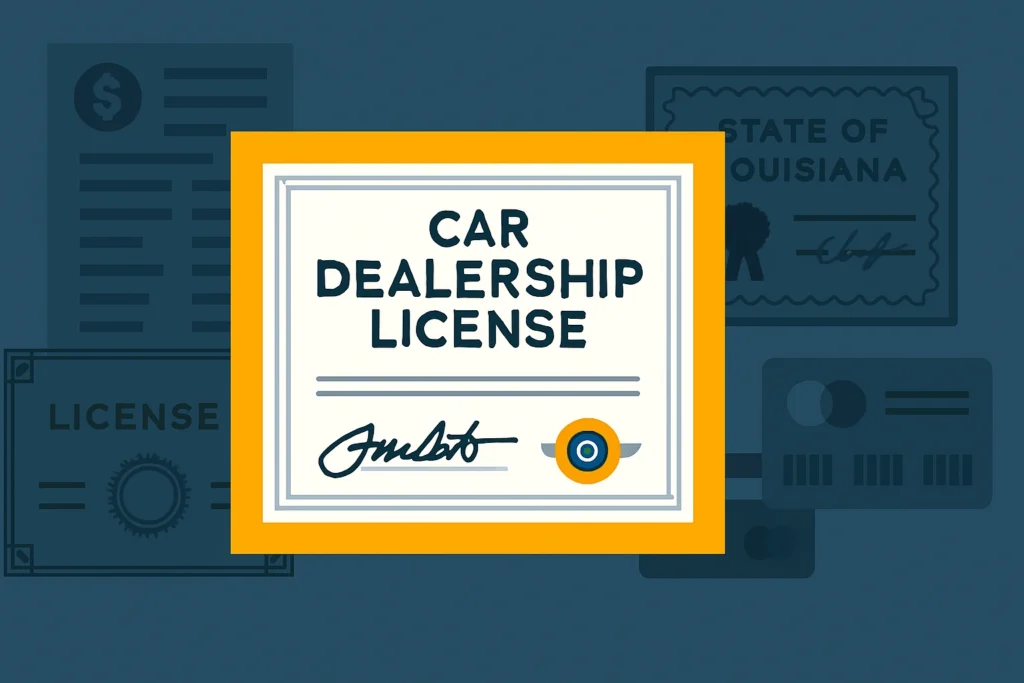 Illustration of a car dealership license certificate with background documents referencing the state of Louisiana.