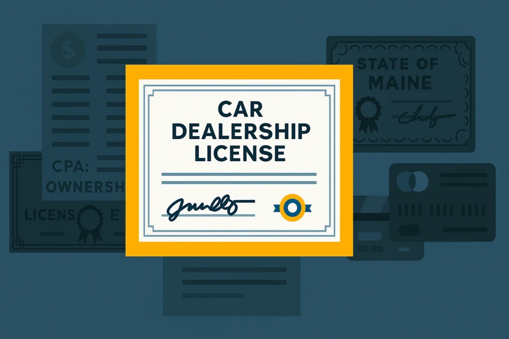 Illustration of a car dealership license certificate with background documents referencing the state of Maine.