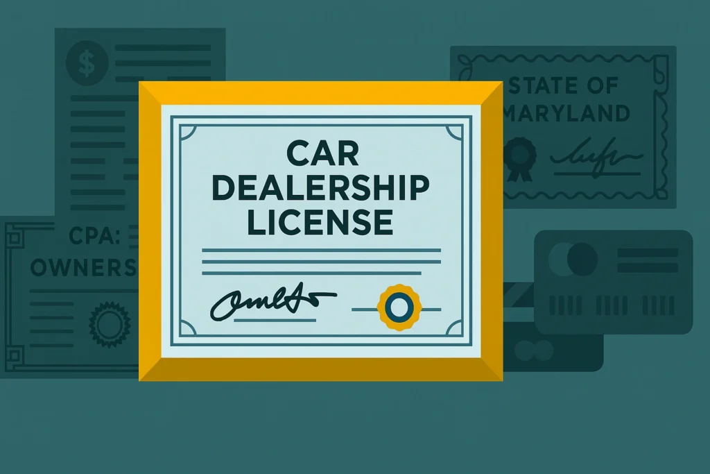 Illustration of a car dealership license certificate with background documents referencing the state of Maryland.