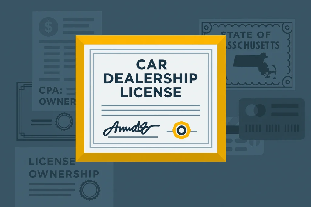 Illustration of a car dealership license certificate with background documents referencing the state of Massachusetts.