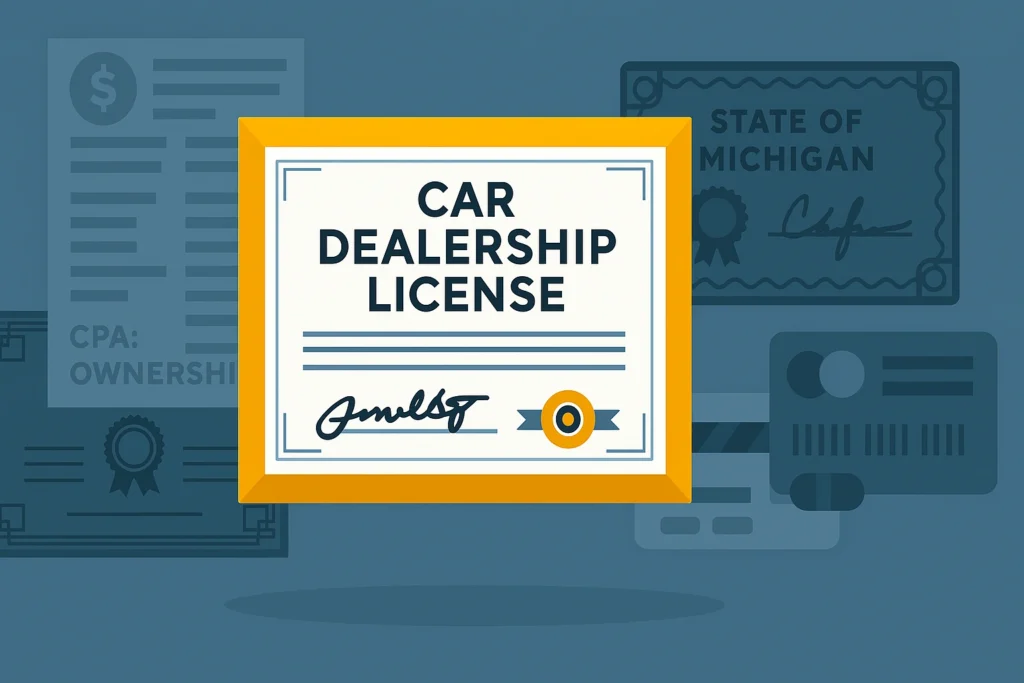 Illustration of a car dealership license certificate with background documents referencing the state of Michigan.