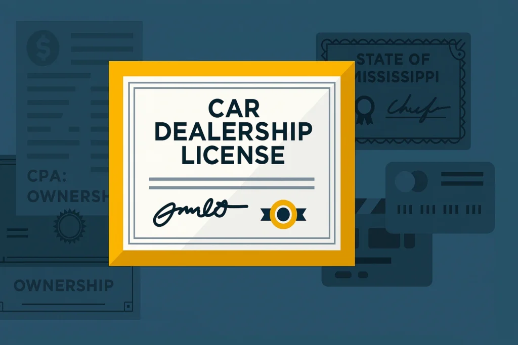 Illustration of a car dealership license certificate with background documents referencing the state of Mississippi.