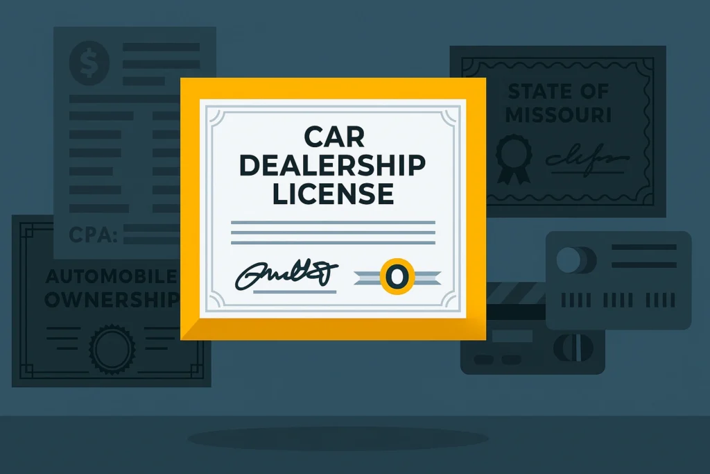 Illustration of a car dealership license certificate with background documents referencing the state of Missouri.