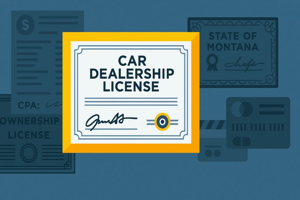 Illustration of a car dealership license certificate with background documents referencing the state of Montana.