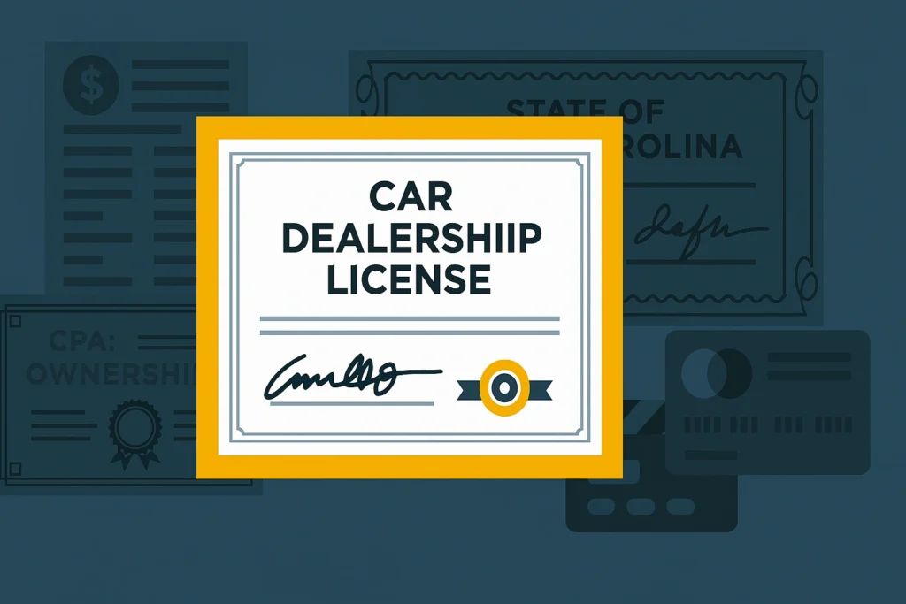 Illustration of a car dealership license certificate with background documents referencing the state of North Carolina.
