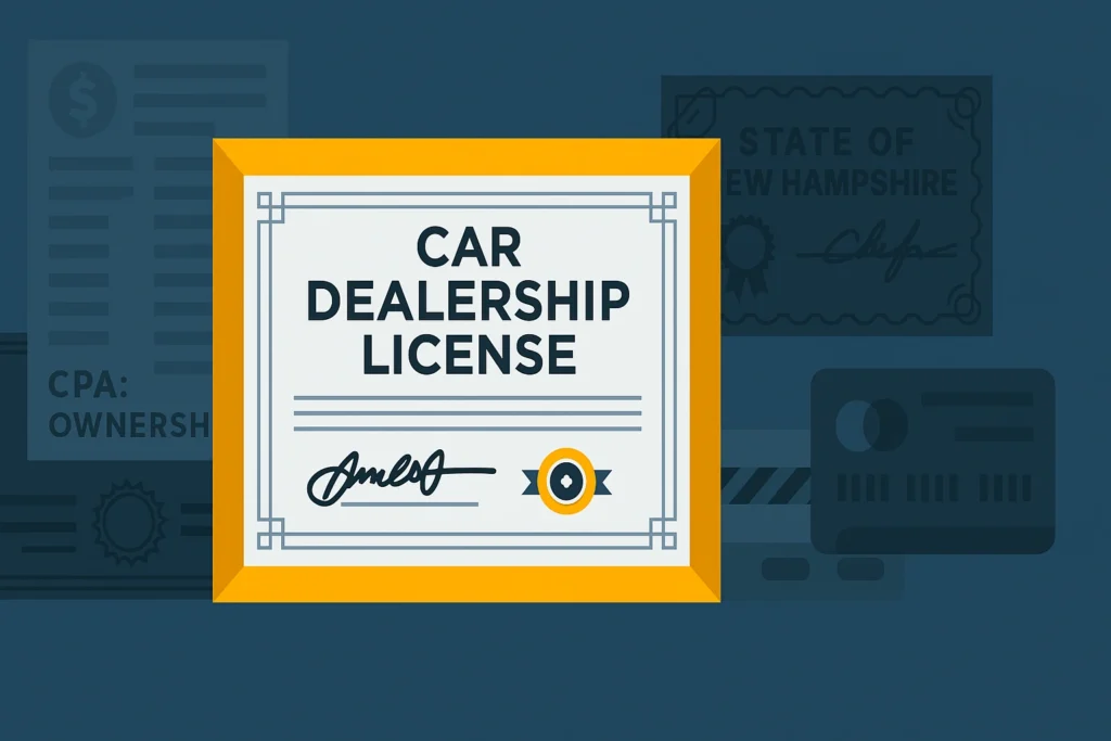 Illustration of a car dealership license certificate with background documents referencing the state of New Hampshire.