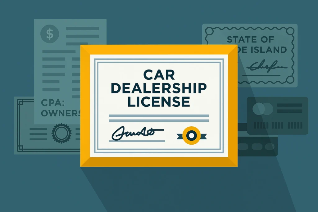 Illustration of a car dealership license certificate with background documents referencing the state of Rhode Island.