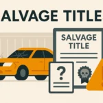 Illustration of a damaged car next to a salvage title document, for a guide to Missouri salvage and prior salvage titles
