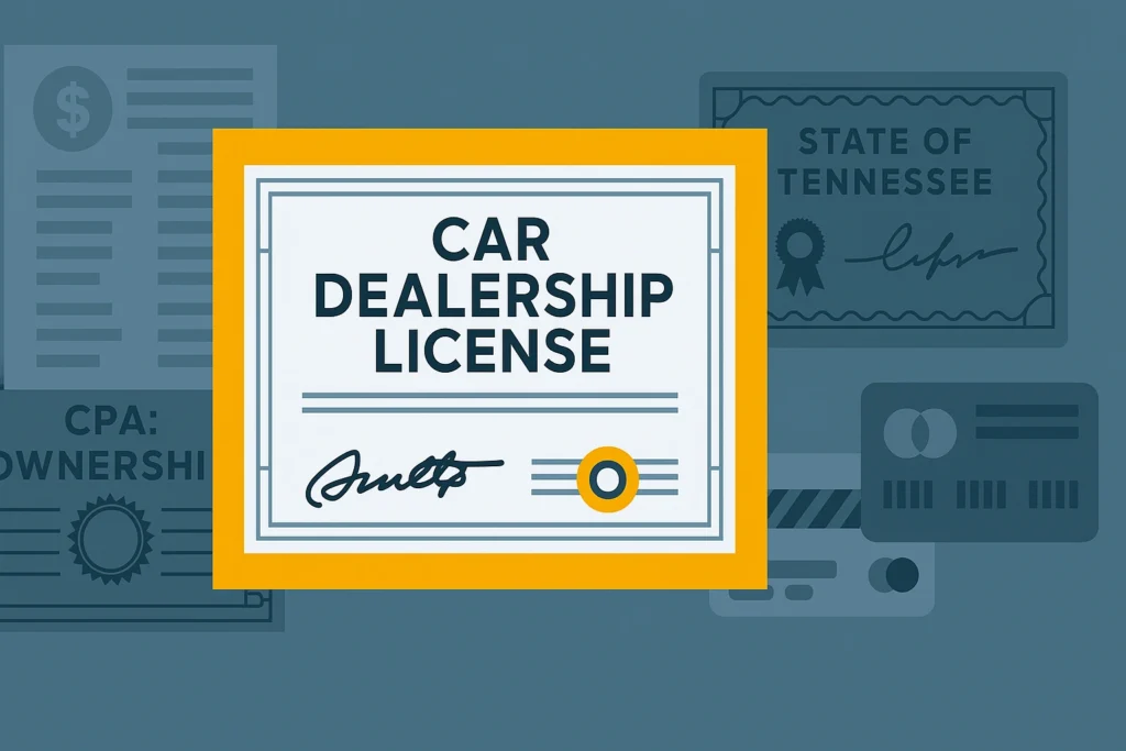 Illustration of a car dealership license certificate with background documents referencing the state of Tennessee.