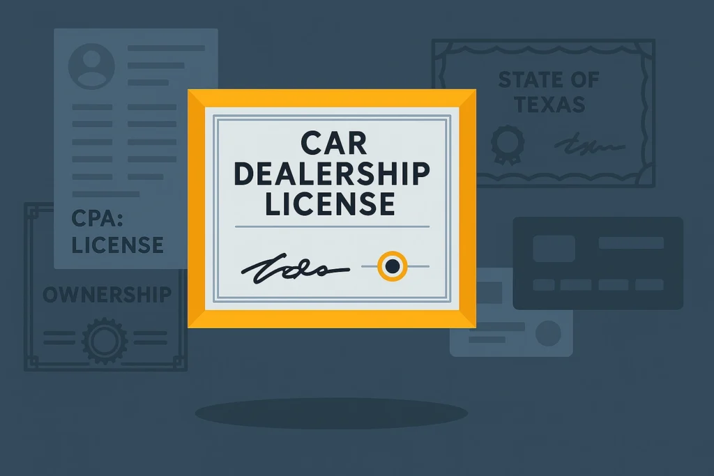 Illustration of a car dealership license certificate with background documents referencing the state of Texas.