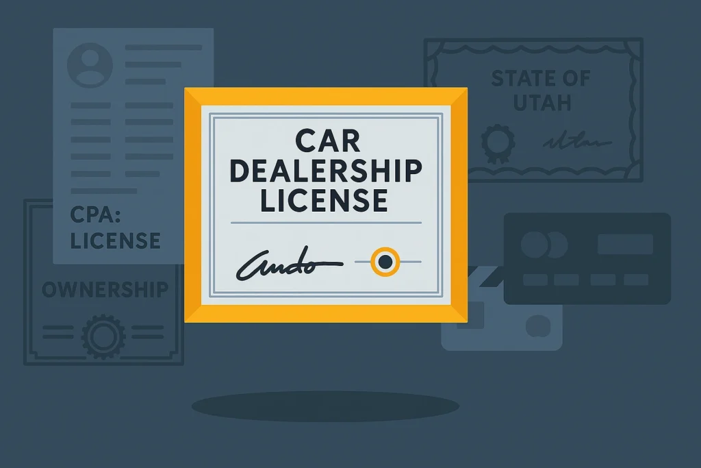 Illustration of a car dealership license certificate with background documents referencing the state of Utah.