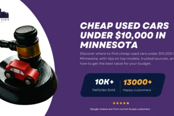 Guide on finding cheap used cars under $10,000 in Minnesota, featuring a gavel with a toy car and Twin Cities Auctions branding.