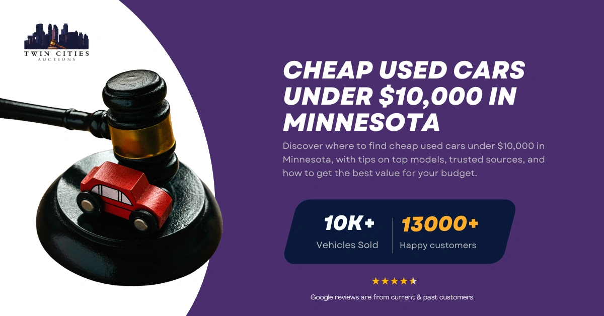 Guide on finding cheap used cars under $10,000 in Minnesota, featuring a gavel with a toy car and Twin Cities Auctions branding.