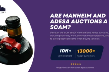 Manheim and Adesa auction scam guide, featuring a gavel with a toy car and Twin Cities Auctions branding.