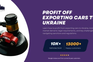 Guide on how to profit from exporting cars to Ukraine, featuring a gavel with a toy car and Twin Cities Auctions branding.