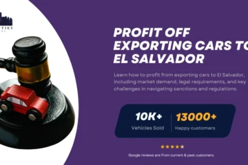 Guide on how to profit from exporting cars to El Salvador, featuring a gavel with a toy car and Twin Cities Auctions branding.