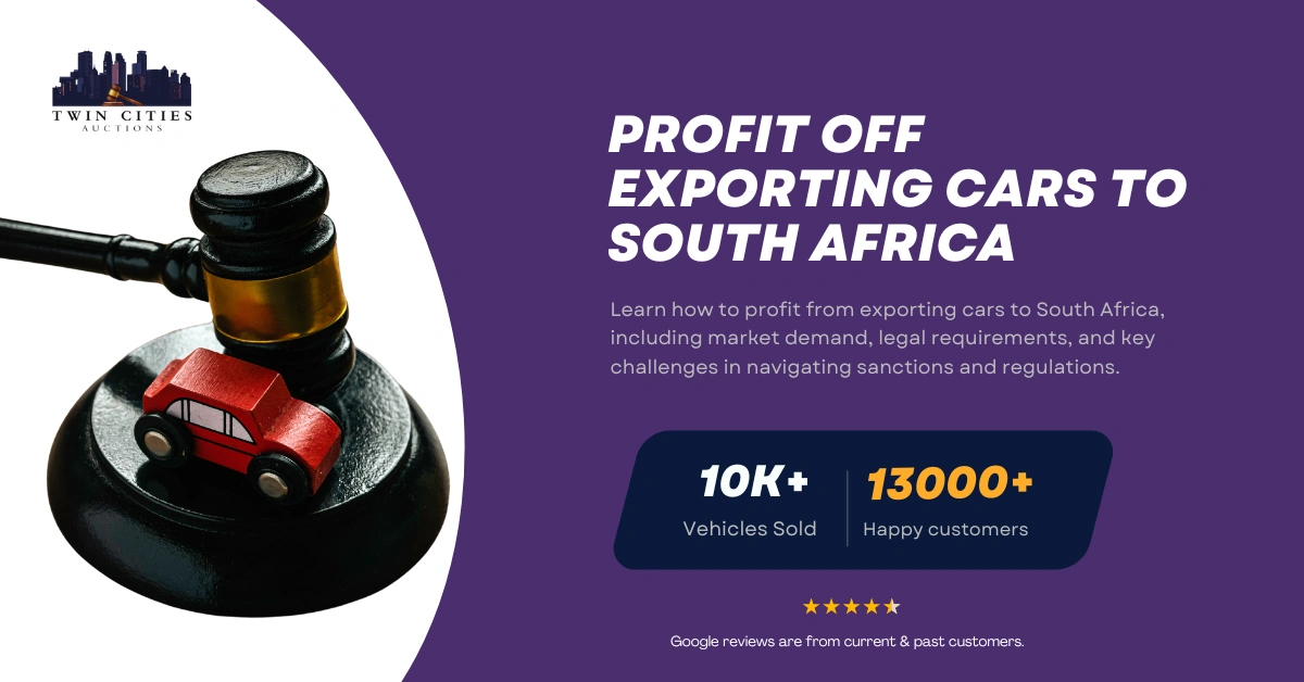 Guide on how to profit from exporting cars to South Africa, featuring a gavel with a toy car and Twin Cities Auctions branding.
