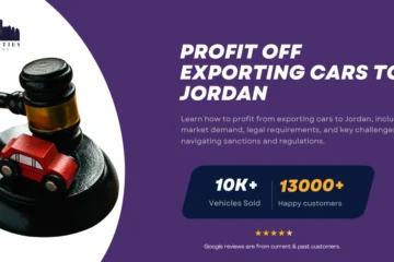 Guide on how to profit from exporting cars to Jordan, featuring a gavel with a toy car and Twin Cities Auctions branding.