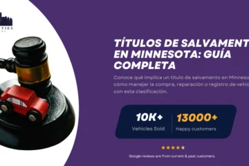 Mazo con auto de juguete junto a texto sobre guía de títulos de salvamento en Minnesota.