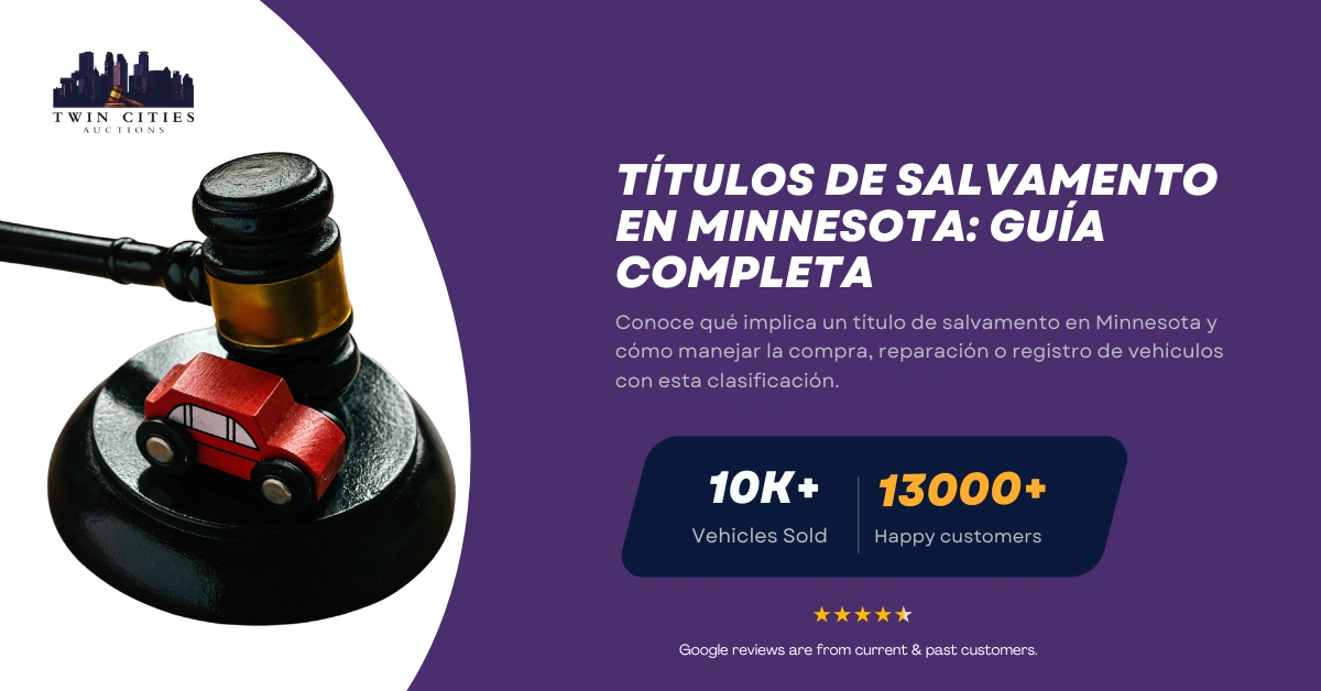 Mazo con auto de juguete junto a texto sobre guía de títulos de salvamento en Minnesota.