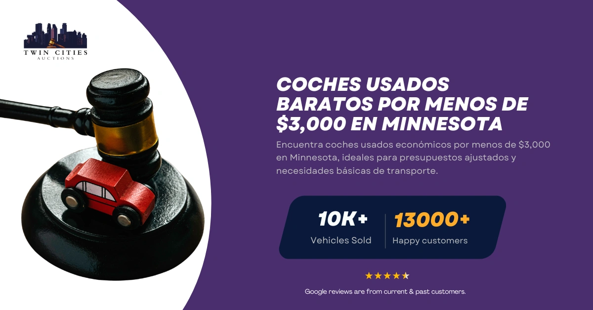 Mazo con auto de juguete junto a texto sobre coches usados baratos por menos de $3,000 en Minnesota.