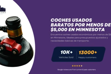 Mazo con auto de juguete junto a texto sobre coches usados baratos por menos de $5,000 en Minnesota.