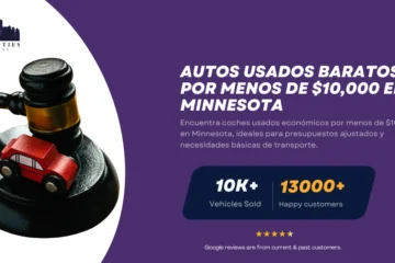 Mazo con auto de juguete junto a texto sobre coches usados baratos por menos de $10,000 en Minnesota.