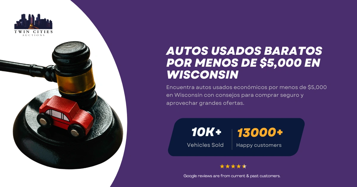 Mazo con auto de juguete junto a texto sobre autos usados baratos por menos de $5,000 en Wisconsin.