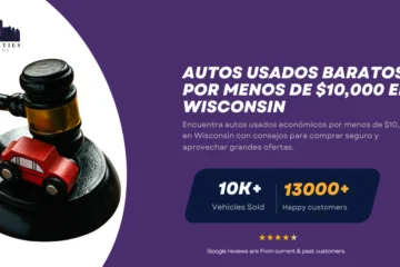 Mazo con auto de juguete junto a texto sobre autos usados baratos por menos de $10,000 en Wisconsin.
