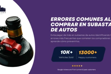 Mazo con auto de juguete junto a texto sobre errores comunes al comprar en subastas de autos.