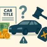 Car title document beside cash and a car, illustrating the cost of a car title transfer