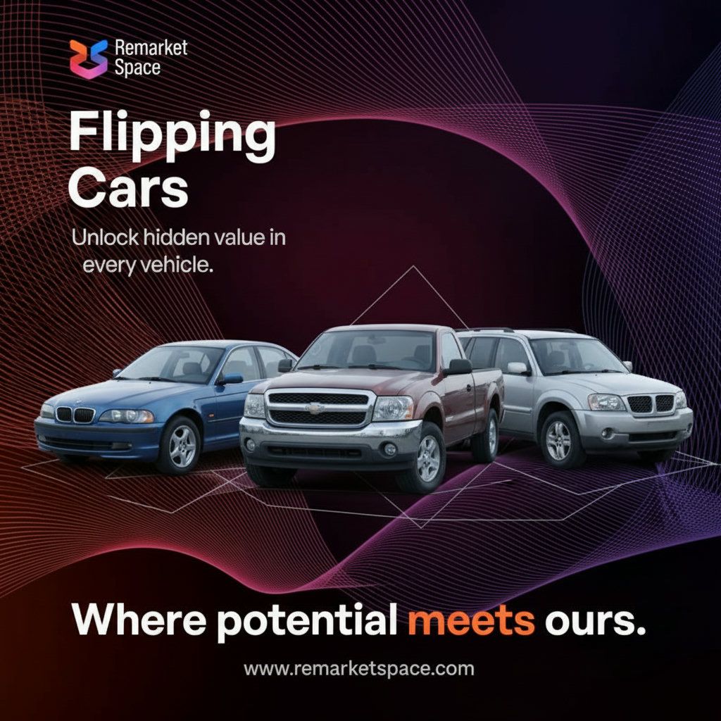 A diverse range of vehicles like sedans, SUVs, and trucks, potentially with some minor cosmetic damage or in need of repair, representing the types of vehicles available for flipping.