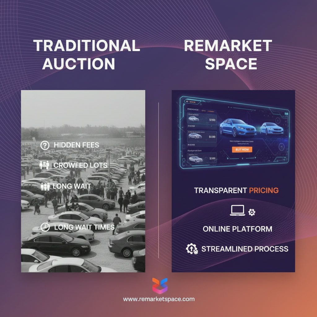 A split image or infographic contrasting elements of traditional car auctions (e.g., hidden fees, crowded lots, long waiting times) with elements of Remarket Space (e.g., transparent pricing, online platform, streamlined process).
