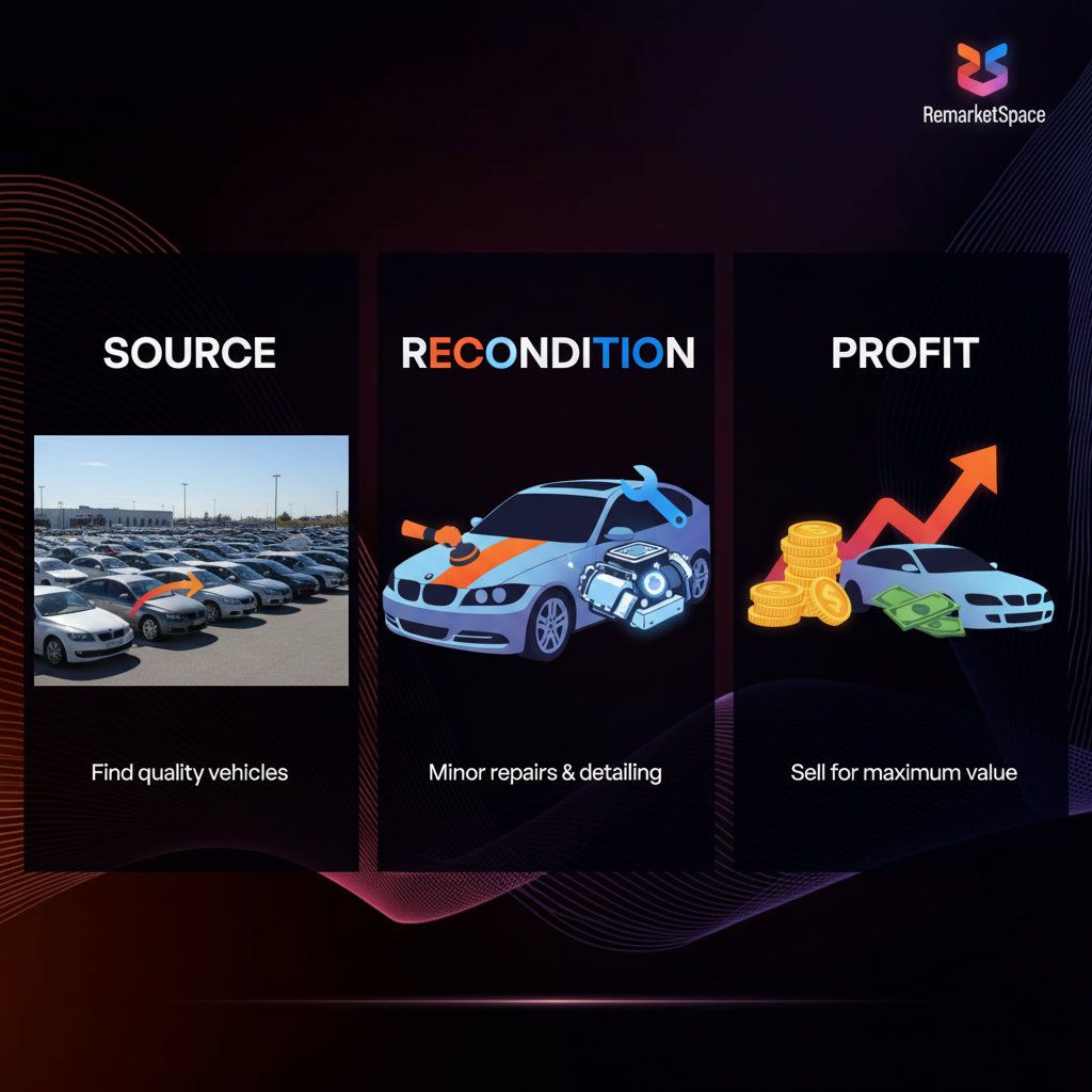 A visual representation of the car flipping process, starting with sourcing a vehicle, moving through reconditioning (e.g., minor repairs, cleaning), and ending with a profitable sale.