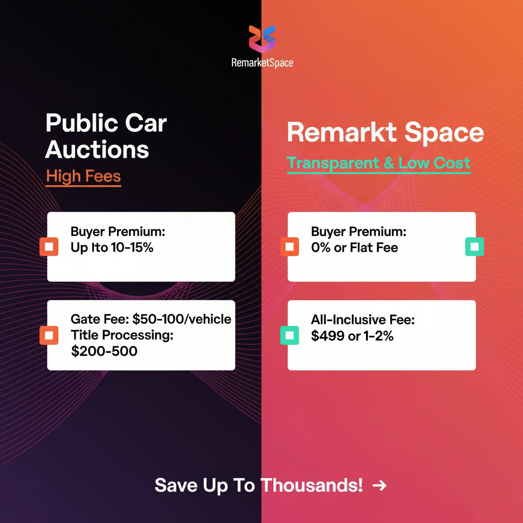 An infographic comparing the fee structures of public car auctions and Remarket Space.  It should visually represent the high buyer premiums, gate fees, and title processing fees of public auctions versus the transparent, flat-fee, or lower percentage model of Remarket Space, highlighting the significant cost savings with numbers.