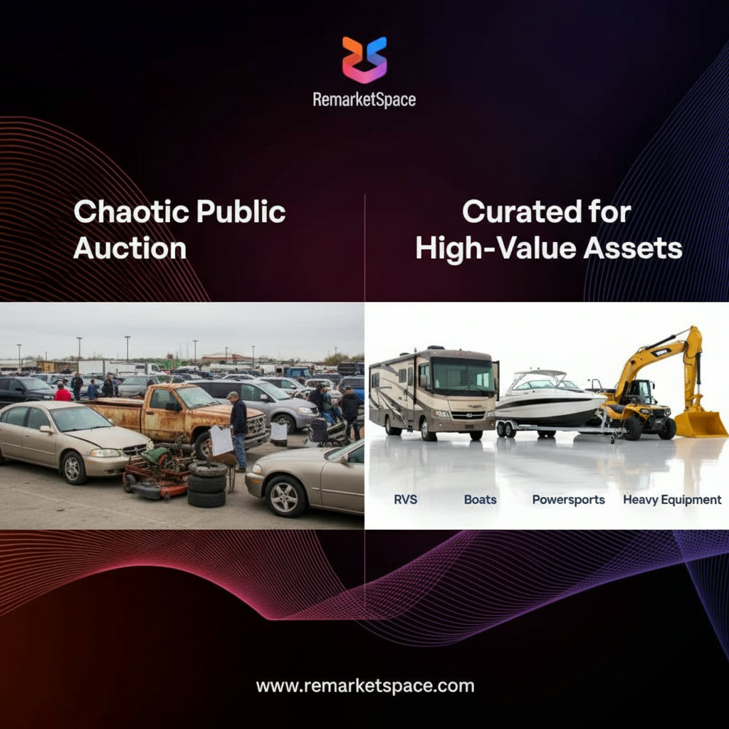 A split image or infographic showing the contrasting inventory types. One side depicts a chaotic, unspecialized public car auction with a mixed bag of sedans, trucks, and a few random items. The other side shows Remarket Space with a clean, curated selection of high-value assets like RVs, boats, powersports, and heavy equipment, clearly categorized and easily discoverable.