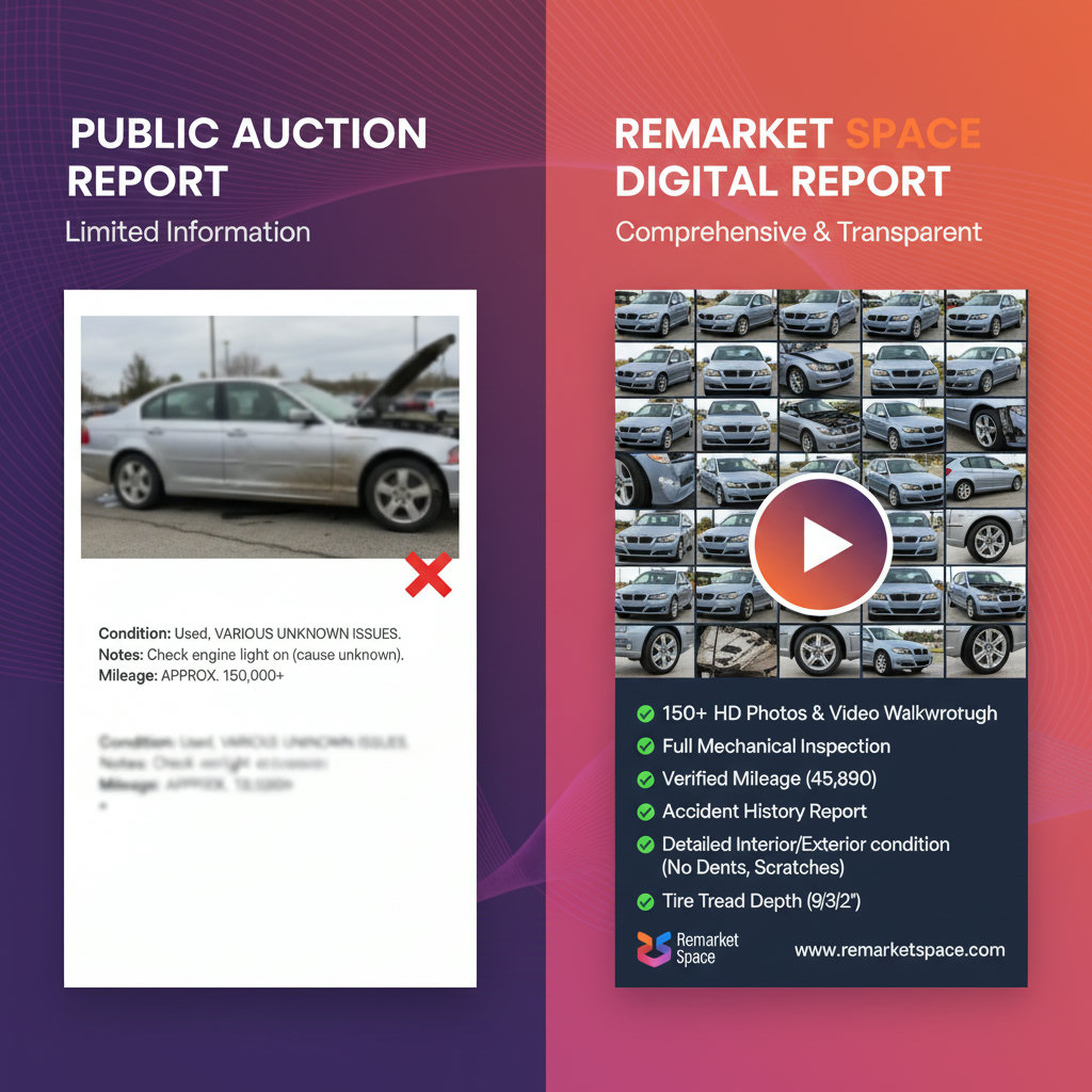 An image illustrating the difference in vehicle information and condition reports. On one side, a blurry, incomplete, or vague car report representing public auctions. On the other side, a detailed, comprehensive digital report from Remarket Space, featuring multiple high-quality photos (perhaps a collage of 50-100+ images), a video icon, and a detailed description with checkboxes for various conditions.