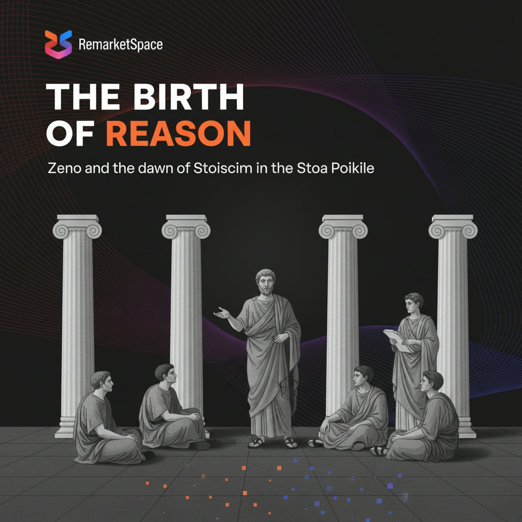 An image of Zeno of Citium teaching in the Stoa Poikile, with students gathered around him, depicting the ancient Athenian setting and the inception of Stoicism.