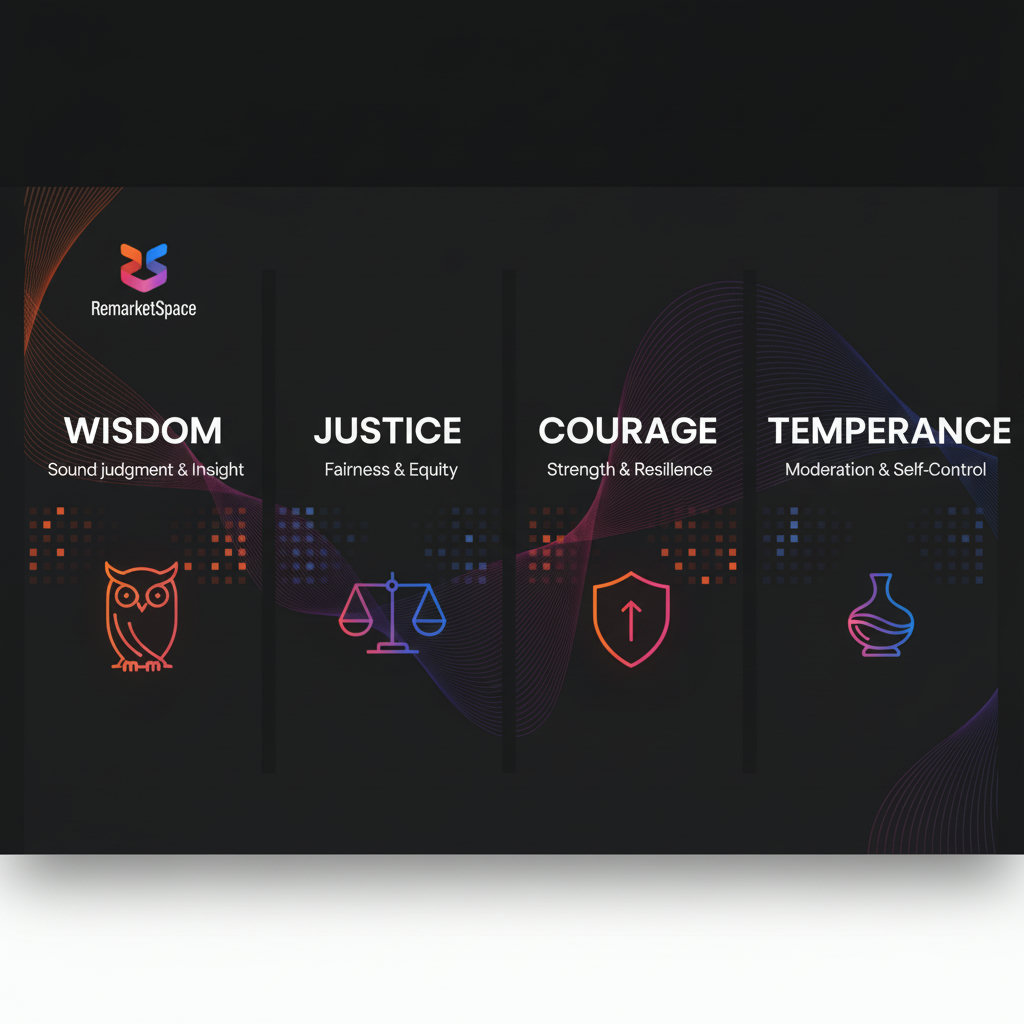 A visual representation of the four cardinal virtues: Wisdom, Justice, Courage, and Temperance, perhaps using symbolic imagery or figures embodying each virtue.