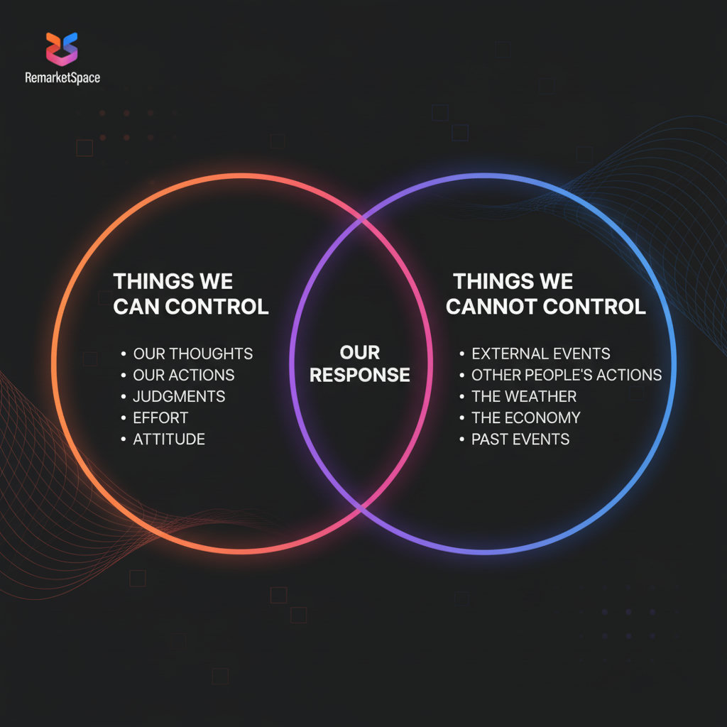 A split image or Venn diagram illustrating the dichotomy of control, clearly separating 'things we can control' (e.g., thoughts, actions, judgments) from 'things we cannot control' (e.g., external events, other people's actions, weather).