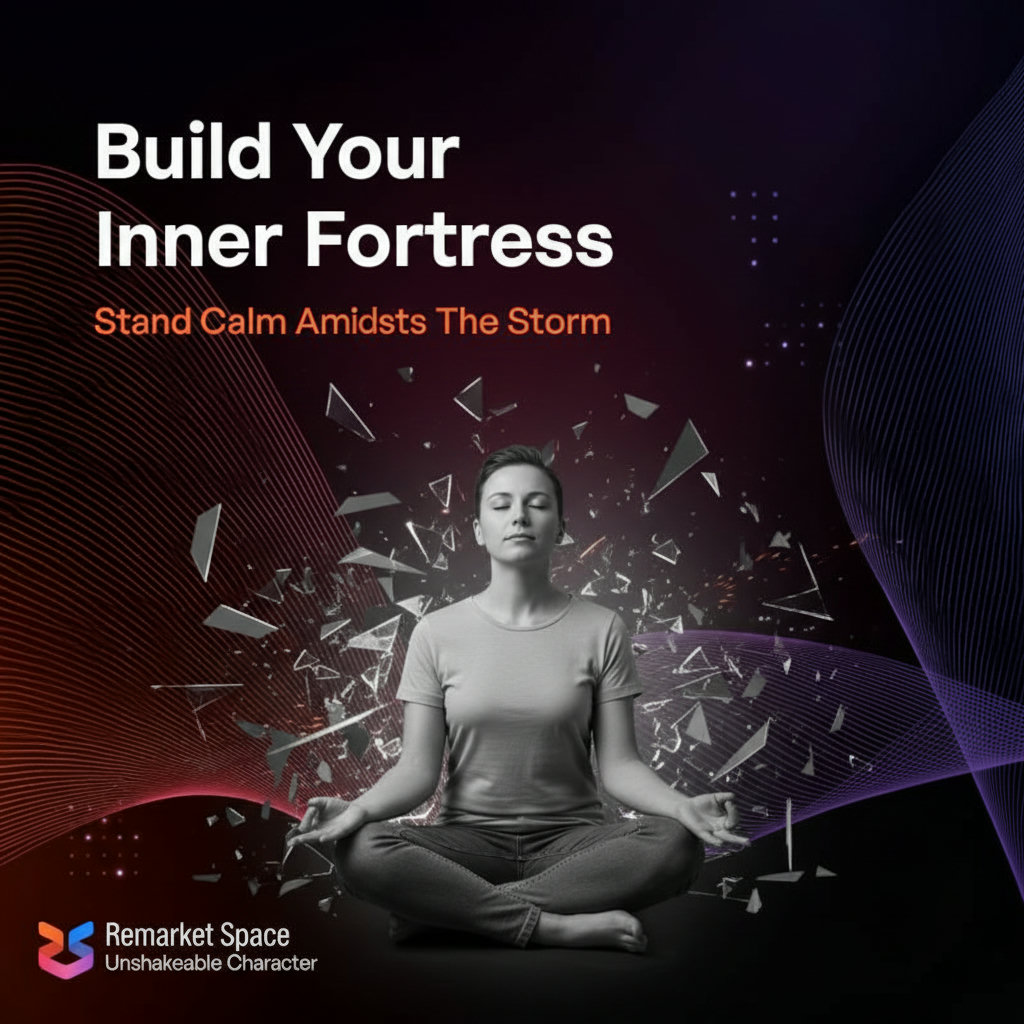 An image depicting a person calmly meditating or reflecting amidst a chaotic or challenging environment, symbolizing the concept of building an 'inner fortress' of character.