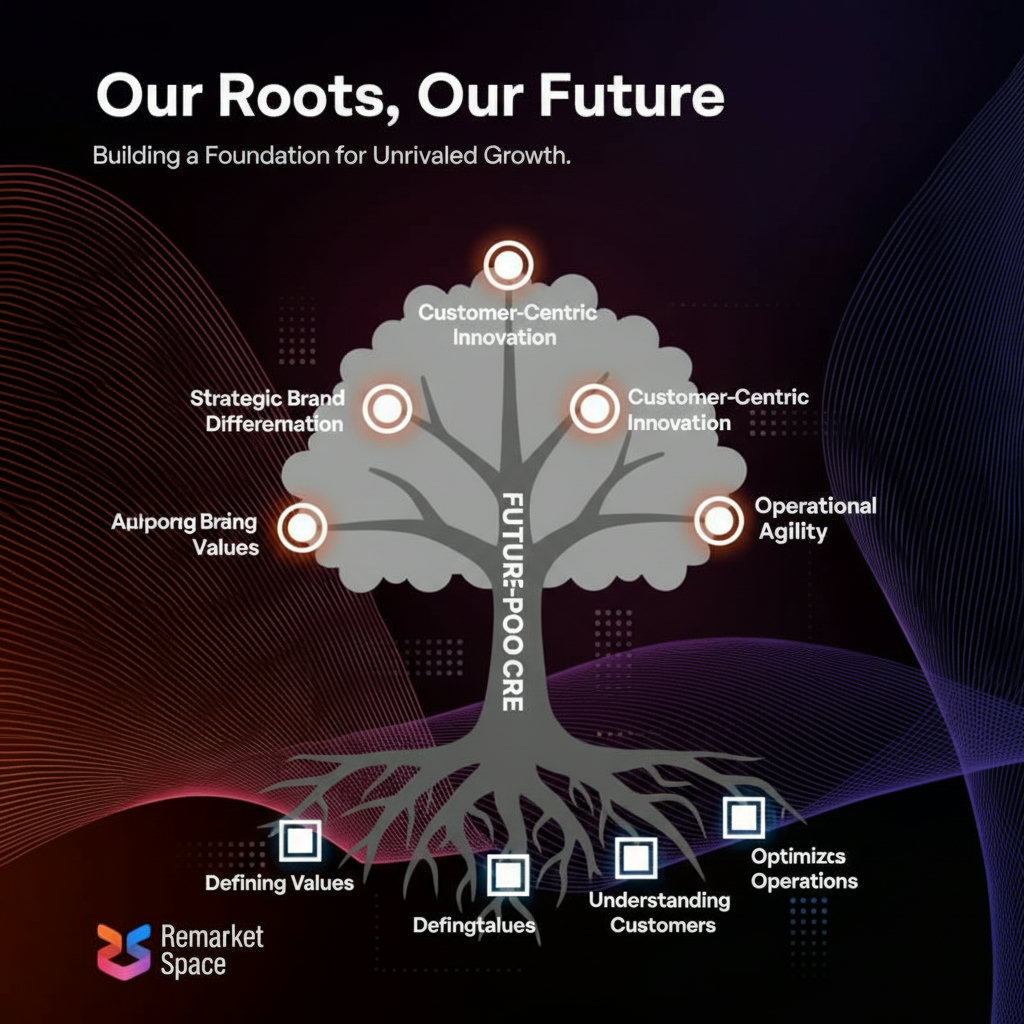 A visual metaphor of a strong, healthy tree with deep roots, representing a 'Future-Proof Core.' Its branches could symbolize strategic brand differentiation, customer-centric innovation, and operational agility. The roots could represent defining values, understanding customers, and optimizing operations.