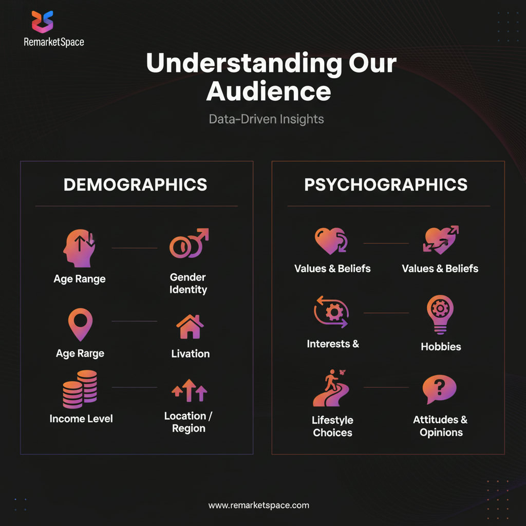 An infographic representing demographics and psychographics, with symbols for age, gender, location, income, values, beliefs, interests, and lifestyle.