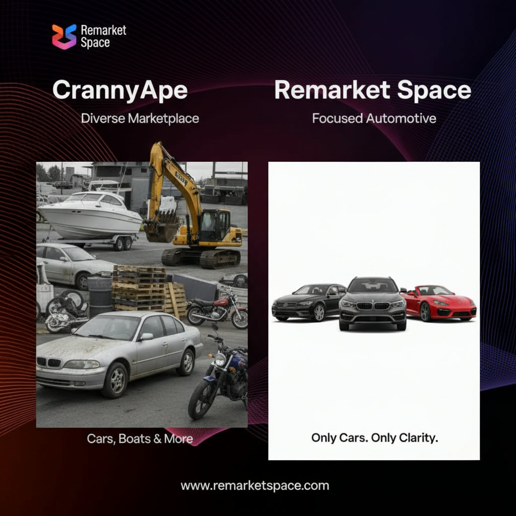 A side-by-side comparison illustrating a diverse, cluttered marketplace (representing CrankyApe) versus a focused, streamlined automotive-only platform (representing Remarket Space). Use visual cues like different item types for CrankyApe (e.g., car, boat, heavy machinery) and only cars for Remarket Space, highlighting organization and clarity.