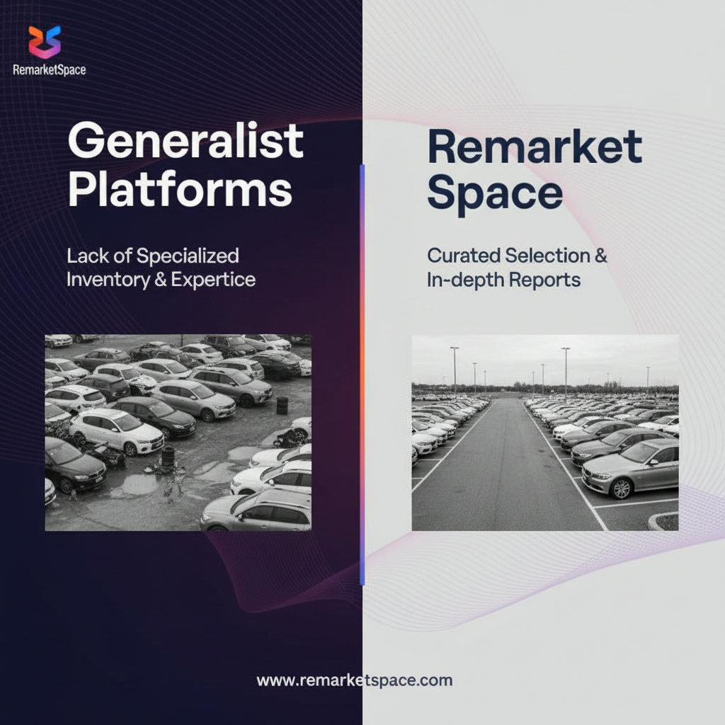 A split image showing a chaotic, unorganized car lot next to a well-organized, clean car lot. The chaotic lot could represent the lack of specialized inventory and expertise on generalist platforms, while the organized lot represents Remarket Space's curated vehicle selection and in-depth condition reports.