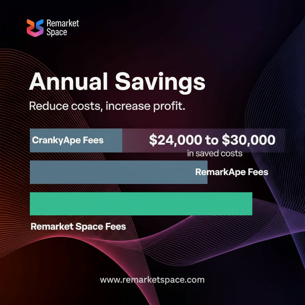 An infographic or chart visually depicting the annual savings. Show a bar chart or similar graphic comparing 'CrankyApe Fees' versus 'Remarket Space Fees' over a year, clearly indicating the '$24,000 to $30,000 in saved costs'.