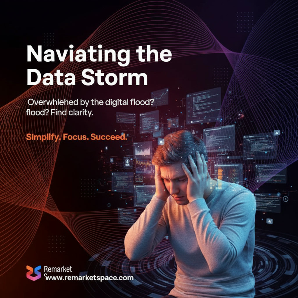 A visual representing information overload, perhaps with a person overwhelmed by a flood of data, notifications, and screens. This could be depicted with a chaotic background of digital elements surrounding a central figure trying to focus.