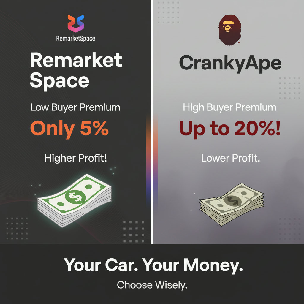 A side-by-side comparison illustrating a significant difference in buyer premium fees between two fictional auction platforms, 'Remarket Space' and 'CrankyApe.' Remarket Space's side should show a much smaller fee, leading to higher profit margins, perhaps visualized with stacks of money.